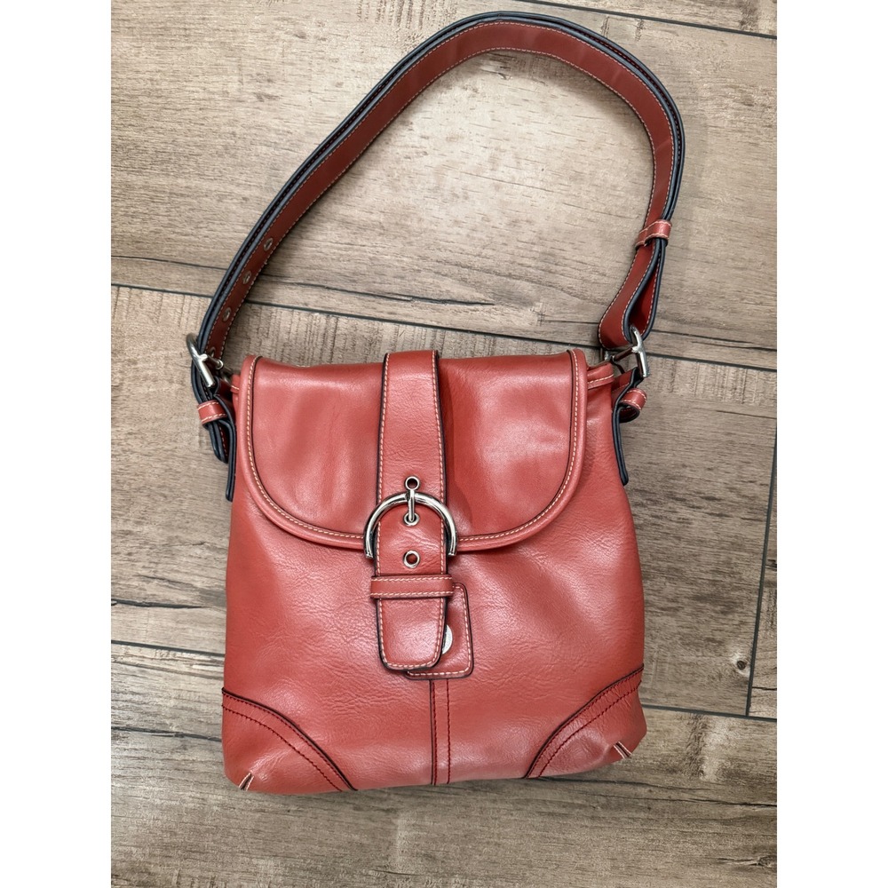 Terracotta Orange Leather Buckle Flap Shoulder Bag Paisley Lining Grommet Strap